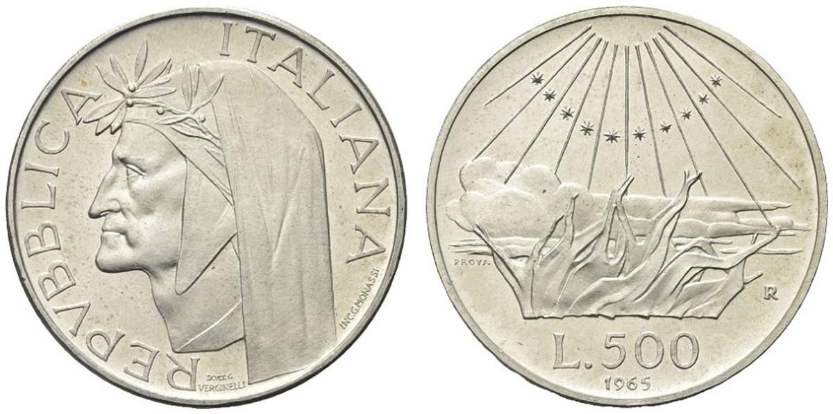 ROMA Repubblica Italiana dal 1946. 500 Lire 1965 Dante Prova