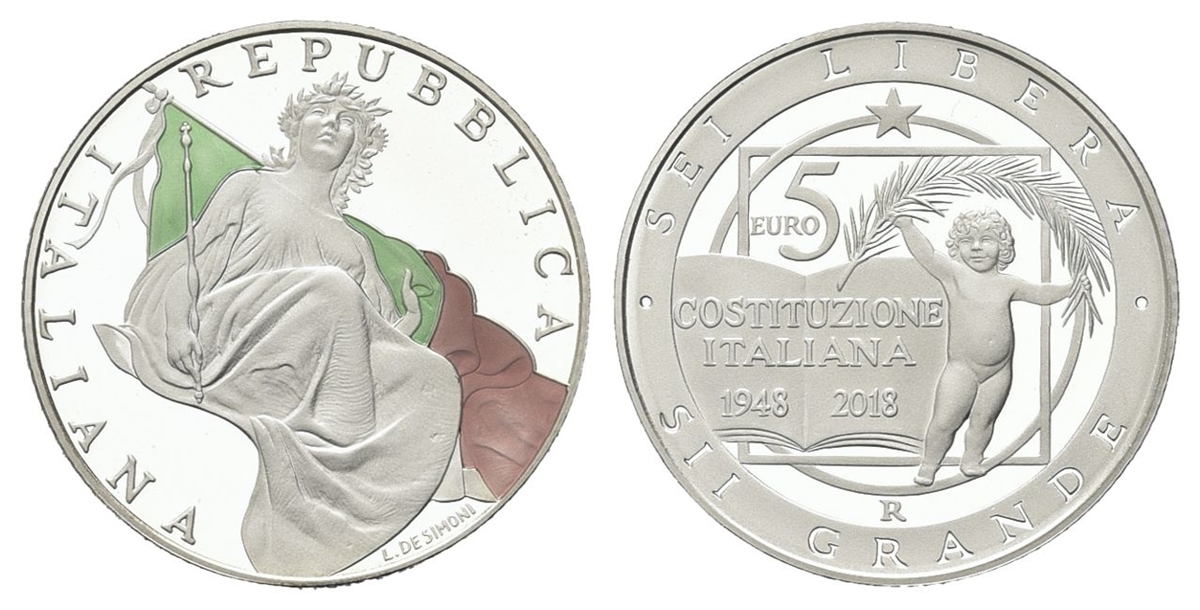 ROMA - Repubblica Italiana, dal 1946. - 5 Euro 2018, Costituzione.