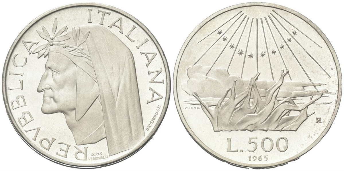 ROMA Repubblica Italiana dal 1946. 500 Lire 1965 Dante PROVA